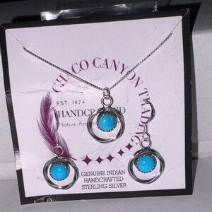Native Made Chaco Canyon Sterling Silver  Turquoise Earrings & Necklace Set NWT
